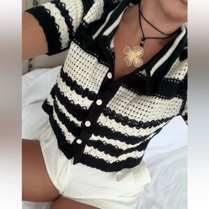 Vici Black and White Crocheted Button-Up Top